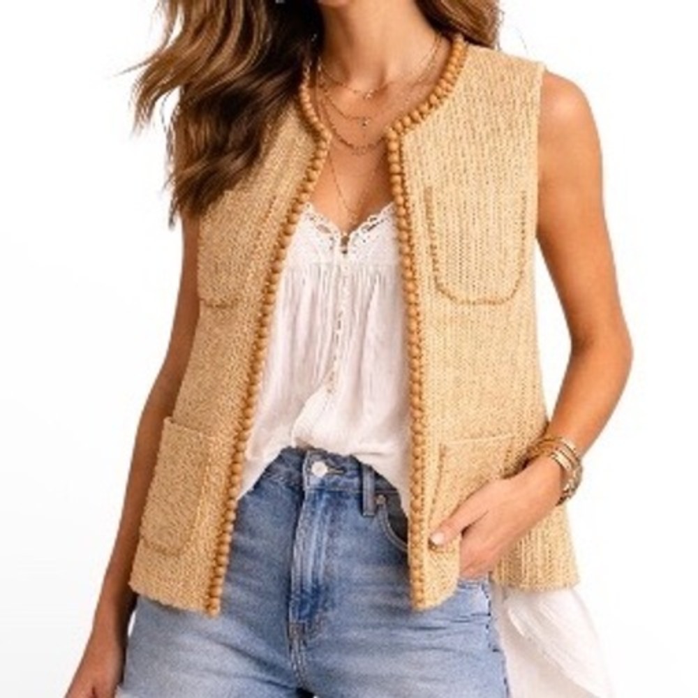 Dalydress Womens‎ Small Boho Woven Raffia Bead Trim Open Front Vest Wearable Art
